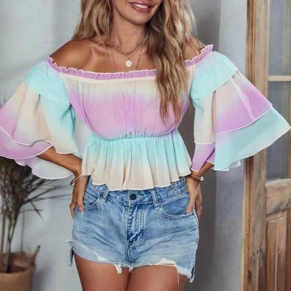 Off Shoulder Frill Trim Layered Sleeve Peplum Crop Ombre Blouse - Picture 1 of 7